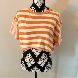 Free People Women’s Orange White Striped Crop Top Floral Palms Beach Tropical XS
